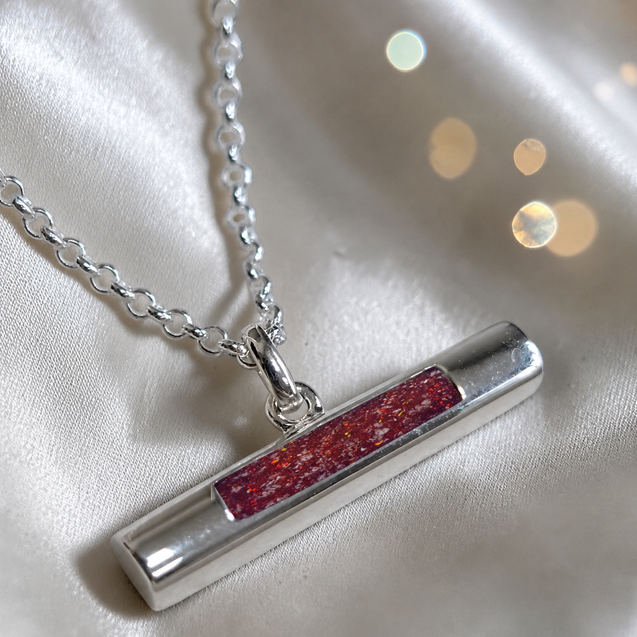 Arielle sterling silver T Bar ashes pendant in ruby red, handcrafted in Lancashire, UK