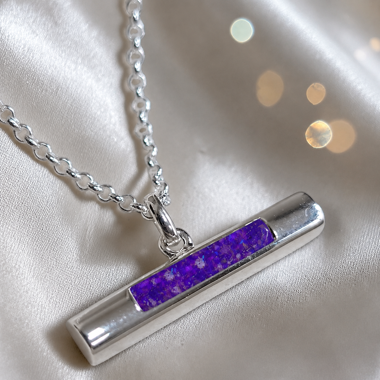 Arielle sterling silver T Bar ashes pendant in sleepy lavender, handcrafted in Lancashire, UK