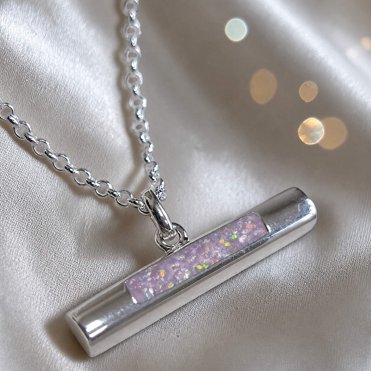 Arielle sterling silver T Bar ashes pendant in unicorn purple, handcrafted in Lancashire, UK