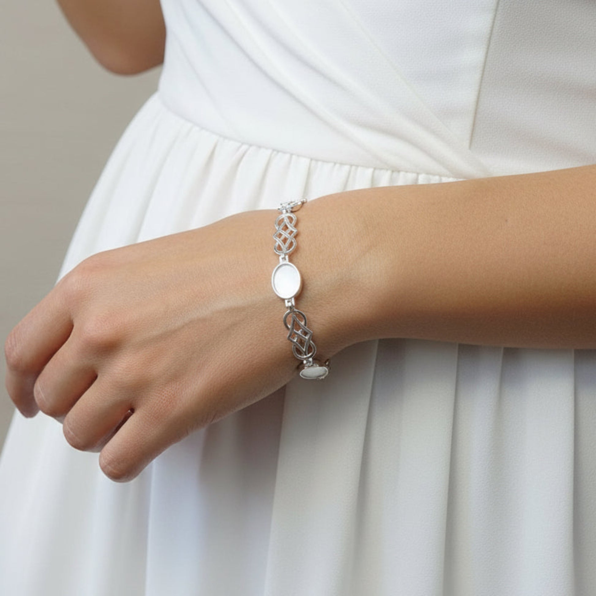 Asteria Bracelet — silver ashes memorial bracelet, on wrist, handcrafted in Lancashire, Uk