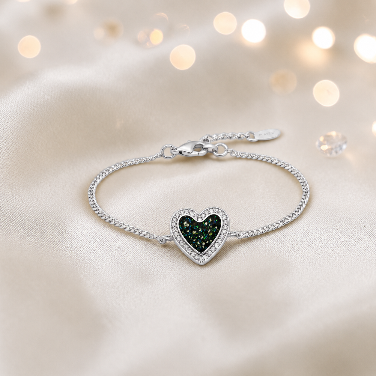 Astra silver heart CZ memorial ashes bracelet in black flame, handcrafted in Lancashire UK - by Keepsake Memorial Jewellery