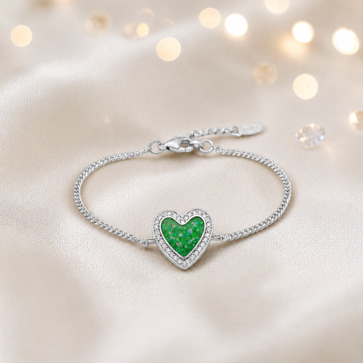 Astra silver heart CZ memorial ashes bracelet in fruit green, handcrafted in Lancashire UK - by Keepsake Memorial Jewellery