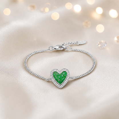 Astra silver heart CZ memorial ashes bracelet in fruit green, handcrafted in Lancashire UK - by Keepsake Memorial Jewellery