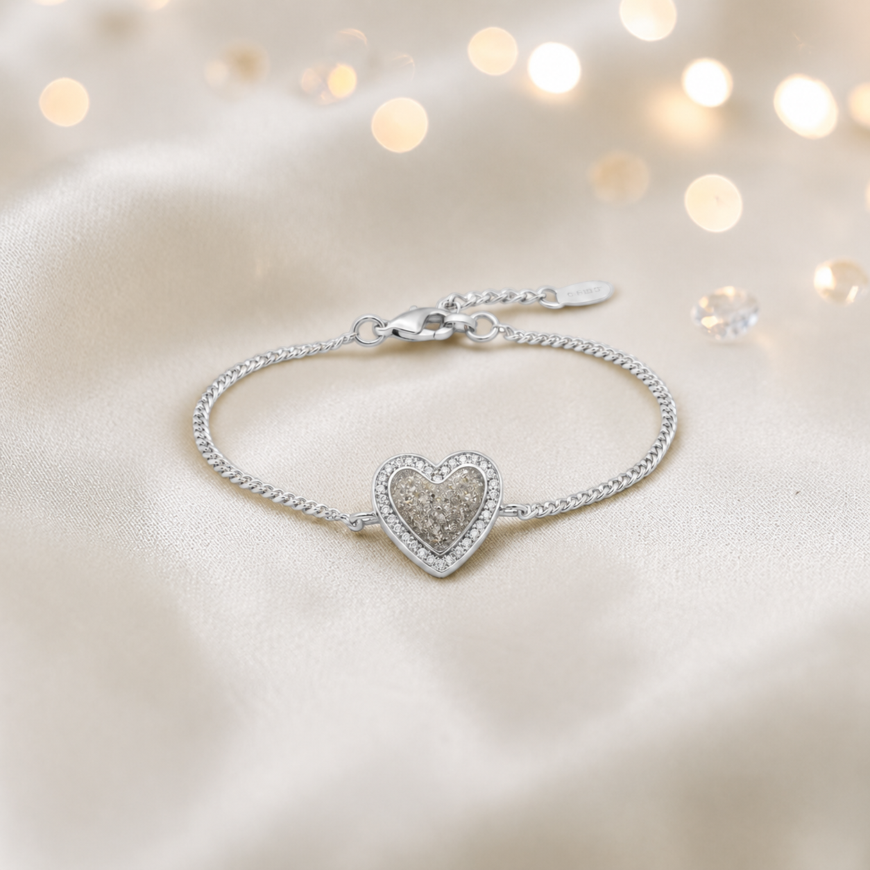 Astra silver heart CZ memorial ashes bracelet in natural ash, handcrafted in Lancashire UK - by Keepsake Memorial Jewellery