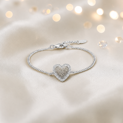 Astra silver heart CZ memorial ashes bracelet in natural ash, handcrafted in Lancashire UK - by Keepsake Memorial Jewellery