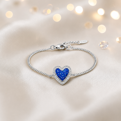 Astra silver heart CZ memorial ashes bracelet in royal blue, handcrafted in Lancashire UK - by Keepsake Memorial Jewellery