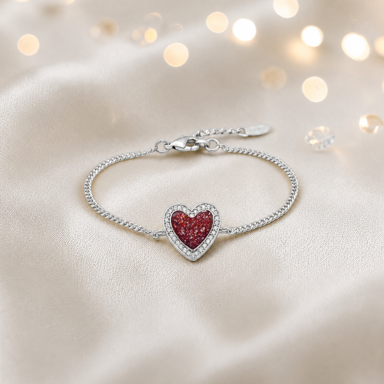 Astra silver heart CZ memorial ashes bracelet in ruby red, handcrafted in Lancashire UK - by Keepsake Memorial Jewellery