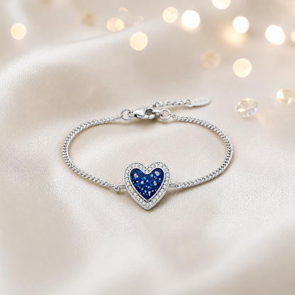 Astra silver heart CZ memorial ashes bracelet in sapphire glow, handcrafted in Lancashire UK - by Keepsake Memorial Jewellery