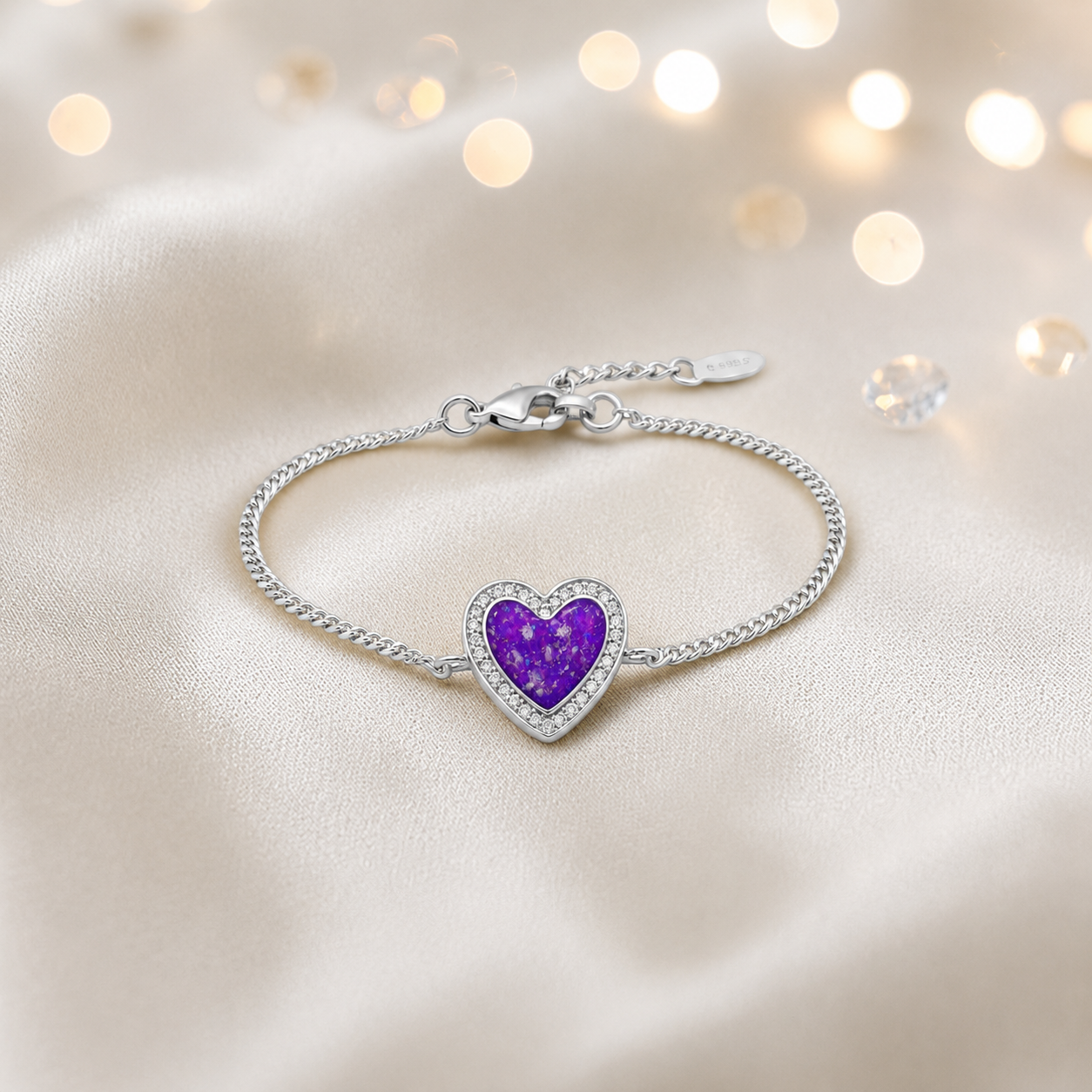 Astra silver heart CZ memorial ashes bracelet in sleepy lavender, handcrafted in Lancashire UK - by Keepsake Memorial Jewellery