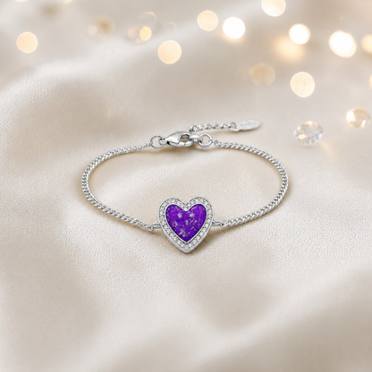 Astra silver heart CZ memorial ashes bracelet in sleepy lavender, handcrafted in Lancashire UK - by Keepsake Memorial Jewellery