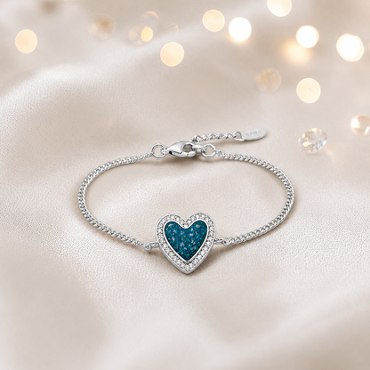 Astra silver heart CZ memorial ashes bracelet in teal mist, handcrafted in Lancashire UK - by Keepsake Memorial Jewellery