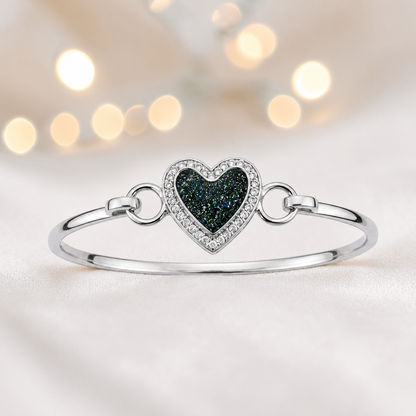 Auriga Heart Bangle — silver heart ashes memorial CZ bangle in black flame, handcrafted in Lancashire, UK - by Keepsake Memorial Jeweller