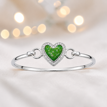 Auriga Heart Bangle — silver heart ashes memorial CZ bangle in fruit green, handcrafted in Lancashire, UK - by Keepsake Memorial Jeweller