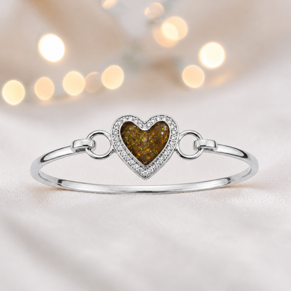 Auriga Heart Bangle — silver heart ashes memorial CZ bangle in gold olive, handcrafted in Lancashire, UK - by Keepsake Memorial Jeweller