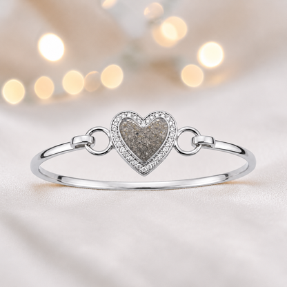 Auriga Heart Bangle — silver heart ashes memorial CZ bangle in natural ash, handcrafted in Lancashire, UK - by Keepsake Memorial Jeweller
