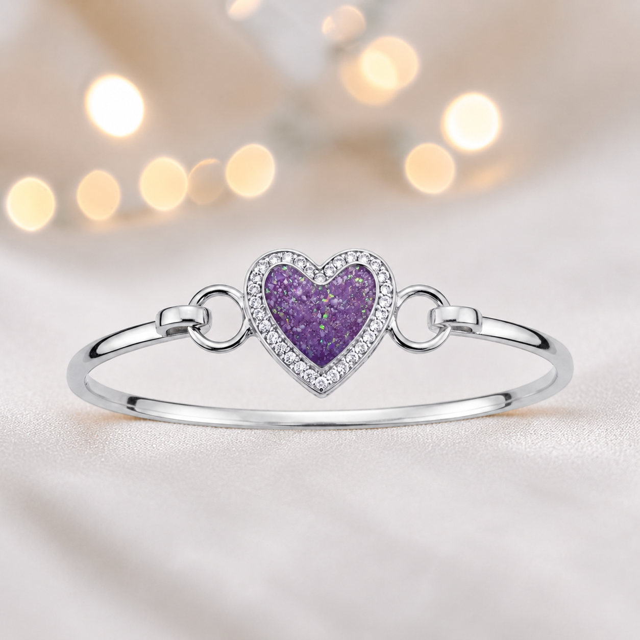 Auriga Heart Bangle — silver heart ashes memorial CZ bangle in rose pink, handcrafted in Lancashire, UK - by Keepsake Memorial Jeweller