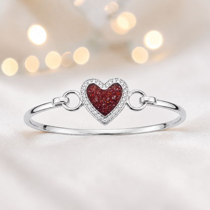 Auriga Heart Bangle — silver heart ashes memorial CZ bangle in ruby red, handcrafted in Lancashire, UK - by Keepsake Memorial Jeweller