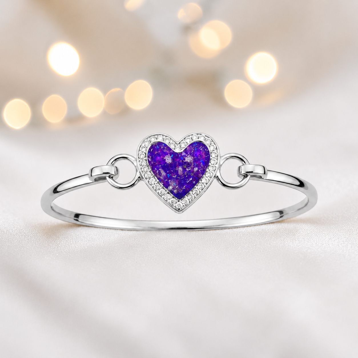 Auriga Heart Bangle — silver heart ashes memorial CZ bangle in sleepy lavender, handcrafted in Lancashire, UK - by Keepsake Memorial Jeweller