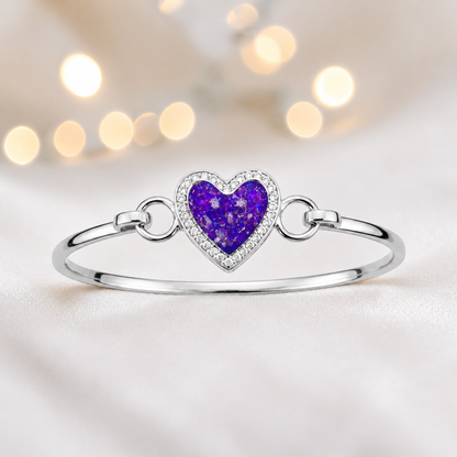 Auriga Heart Bangle — silver heart ashes memorial CZ bangle in sleepy lavender, handcrafted in Lancashire, UK - by Keepsake Memorial Jeweller