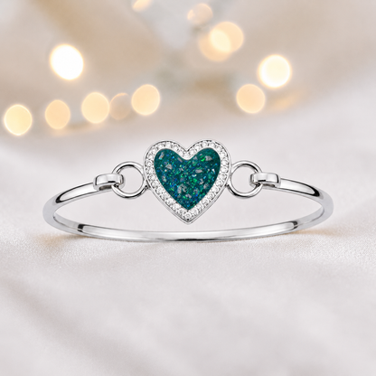 Auriga Heart Bangle — silver heart ashes memorial CZ bangle in teal mist, handcrafted in Lancashire, UK - by Keepsake Memorial Jeweller
