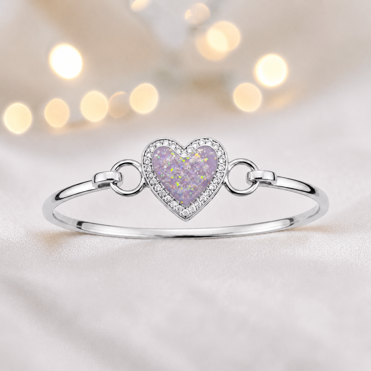 Auriga Heart Bangle — silver heart ashes memorial CZ bangle in unicorn purple, handcrafted in Lancashire, UK - by Keepsake Memorial Jeweller