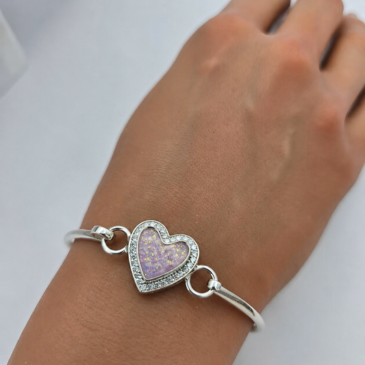 Auriga Heart Bangle — silver heart ashes memorial CZ bangle, worn on wrist, handcrafted in Lancashire, UK - by Keepsake Memorial Jeweller