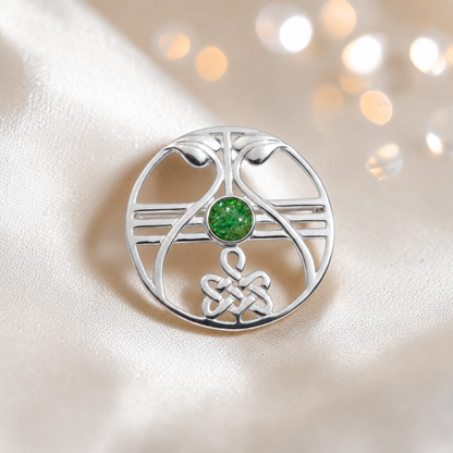 Avalon brooch - sterling silver ashes memorial brooch in fruit green, handcrafted in Lancashire UK - by Keepsake Memorial Jewellery