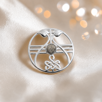 Avalon brooch - sterling silver ashes memorial brooch in natural ash, handcrafted in Lancashire UK - by Keepsake Memorial Jewellery