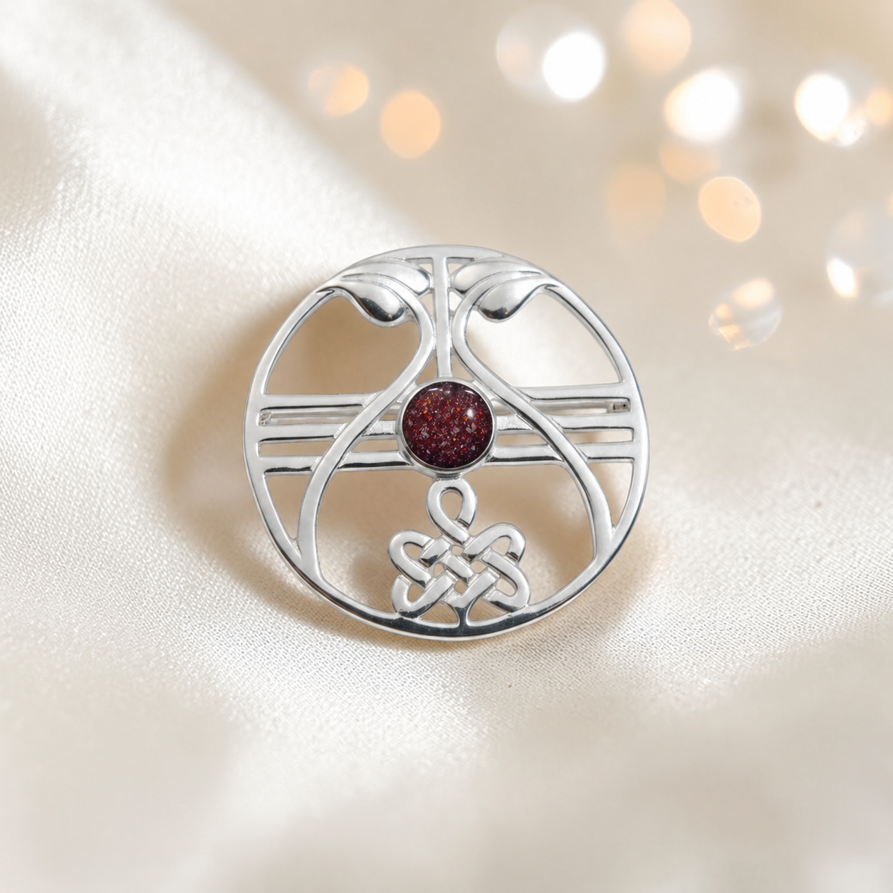 Avalon brooch - sterling silver ashes memorial brooch in ruby red, handcrafted in Lancashire UK - by Keepsake Memorial Jewellery
