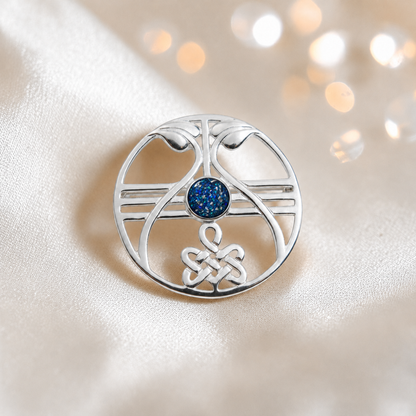 Avalon brooch - sterling silver ashes memorial brooch in sapphire glow, handcrafted in Lancashire UK - by Keepsake Memorial Jewellery