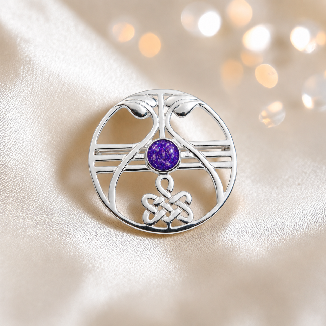 Avalon brooch - sterling silver ashes memorial brooch in sleepy lavender, handcrafted in Lancashire UK - by Keepsake Memorial Jewellery