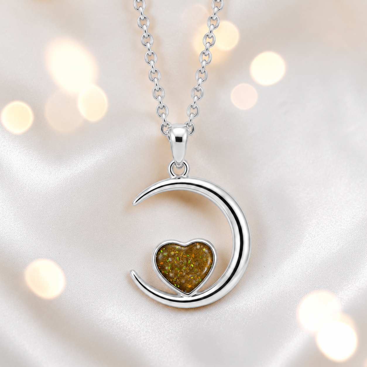 Aveline heart moon ashes pendant in gold olive, handcrafted in Lancashire UK