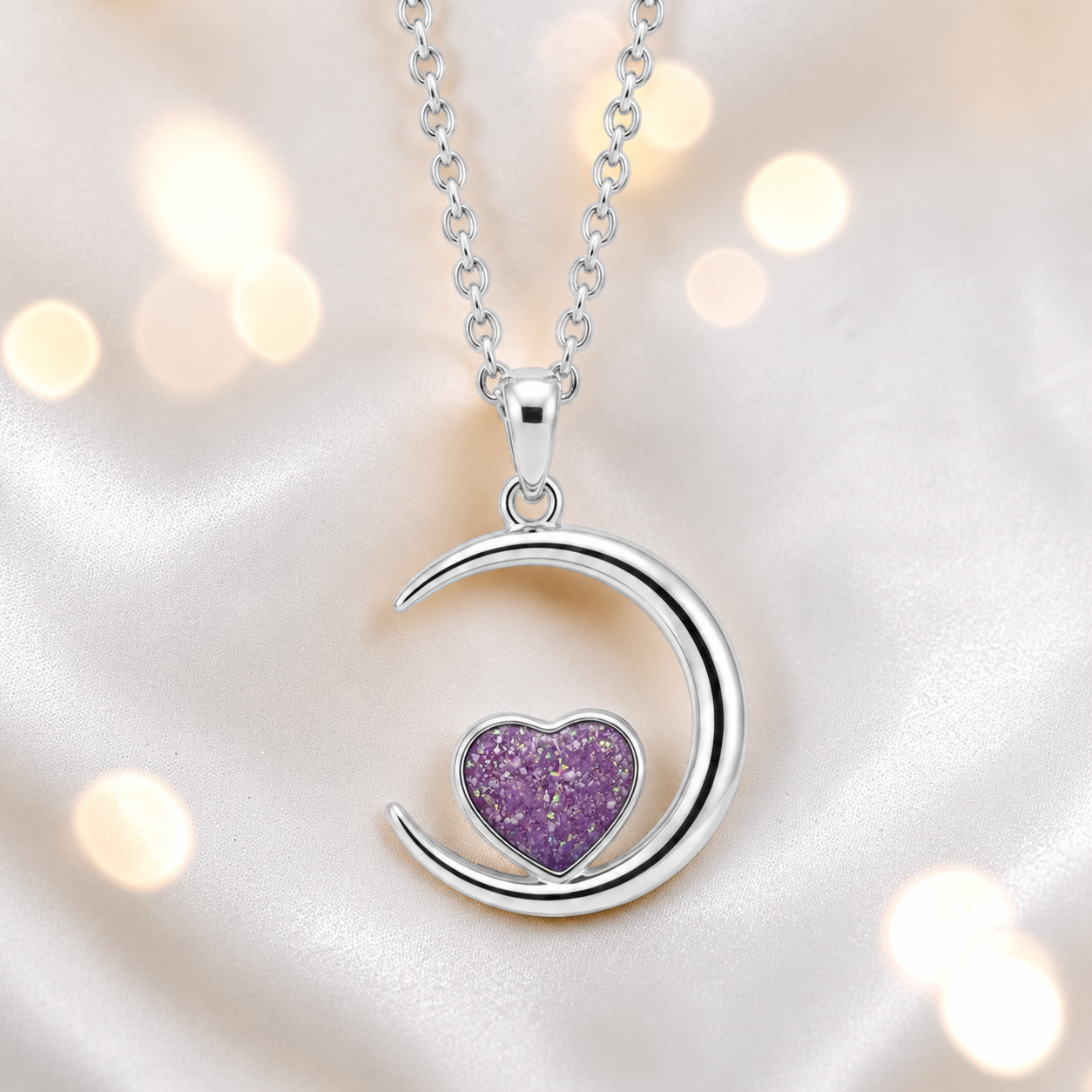Aveline heart moon ashes pendant in rose pink, handcrafted in Lancashire UK