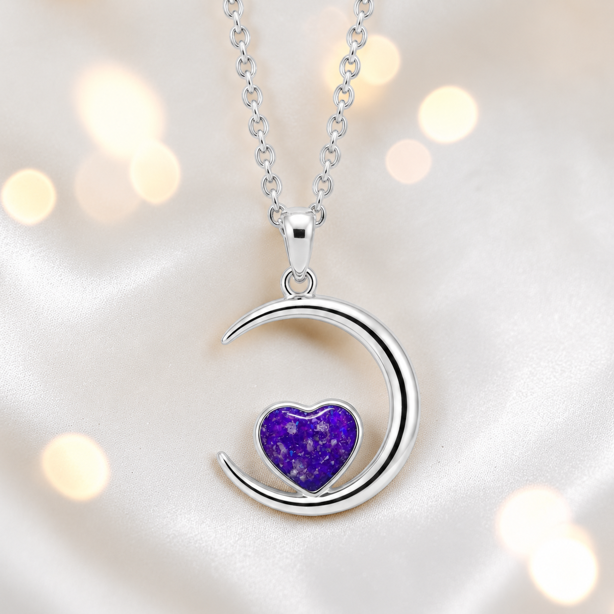 Aveline heart moon ashes pendant in sleepy lavender, handcrafted in Lancashire UK