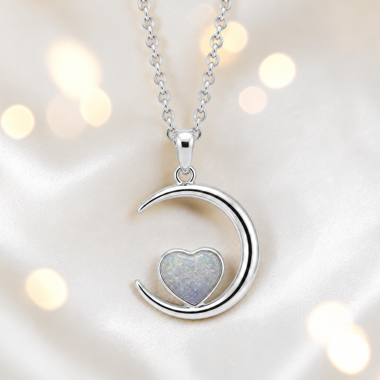 Aveline heart moon ashes pendant in white snow, handcrafted in Lancashire UK