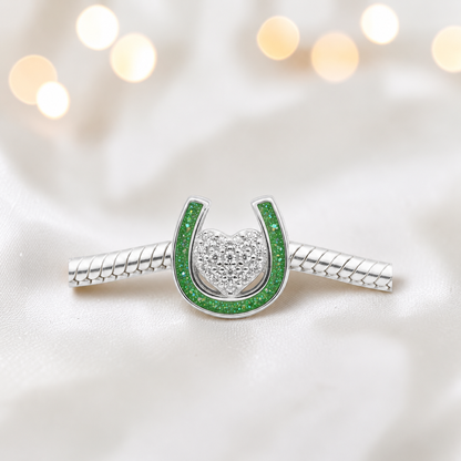 Bella horse shoe ashes charm with CZ heart, in fruit green, handmade in Lancashire UK - by Keepsake Memorial Jewellery