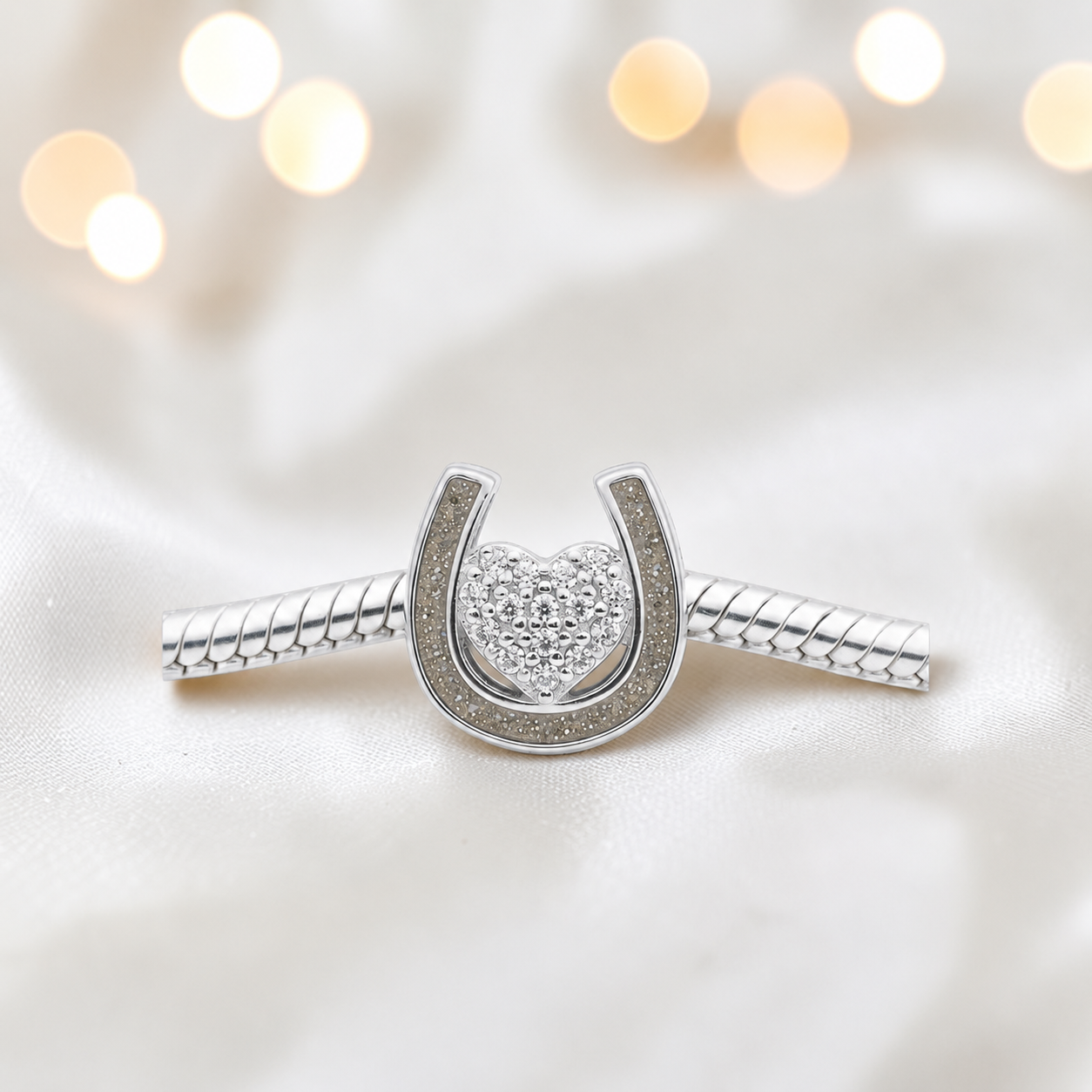 Bella horse shoe ashes charm with CZ heart,  in natural ash, handmade in Lancashire UK - by Keepsake Memorial Jewellery