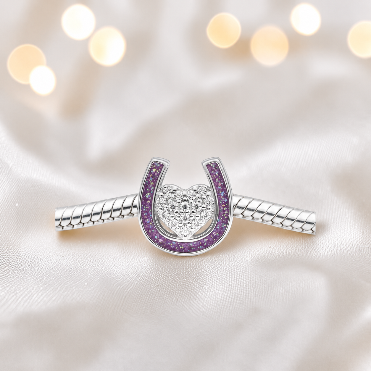 Bella horse shoe ashes charm with CZ heart, in rose pink, handmade in Lancashire UK - by Keepsake Memorial Jewellery