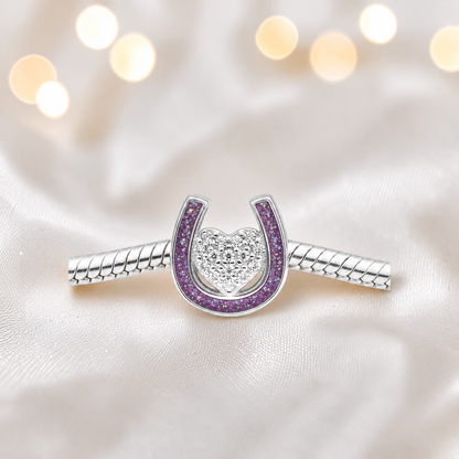 Bella horse shoe ashes charm with CZ heart, in rose pink, handmade in Lancashire UK - by Keepsake Memorial Jewellery