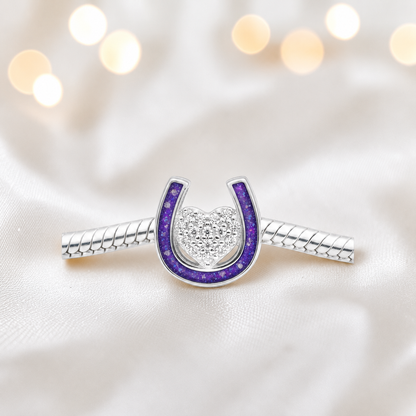 Bella horse shoe ashes charm with CZ heart, in sleepy lavender, handmade in Lancashire UK - by Keepsake Memorial Jewellery