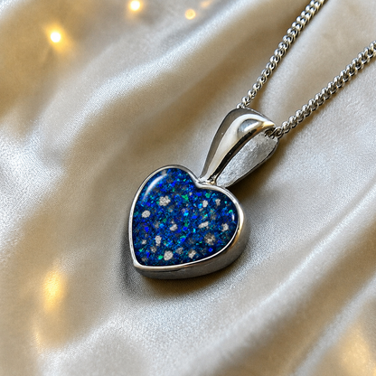 Capella small heart memorial pendant in sapphire glow, handcrafted in Lancashire UK - by Keepsake memorial Jewellery