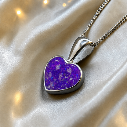 Capella small heart memorial pendant in sleepy lavender, handcrafted in Lancashire UK - by Keepsake memorial Jewellery
