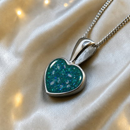 Capella small heart memorial pendant in teal mist, handcrafted in Lancashire UK - by Keepsake memorial Jewellery