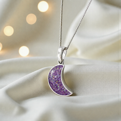 Caph sterling silver moon shaped pendant in rose pink, handcrafted in Lancashire UK