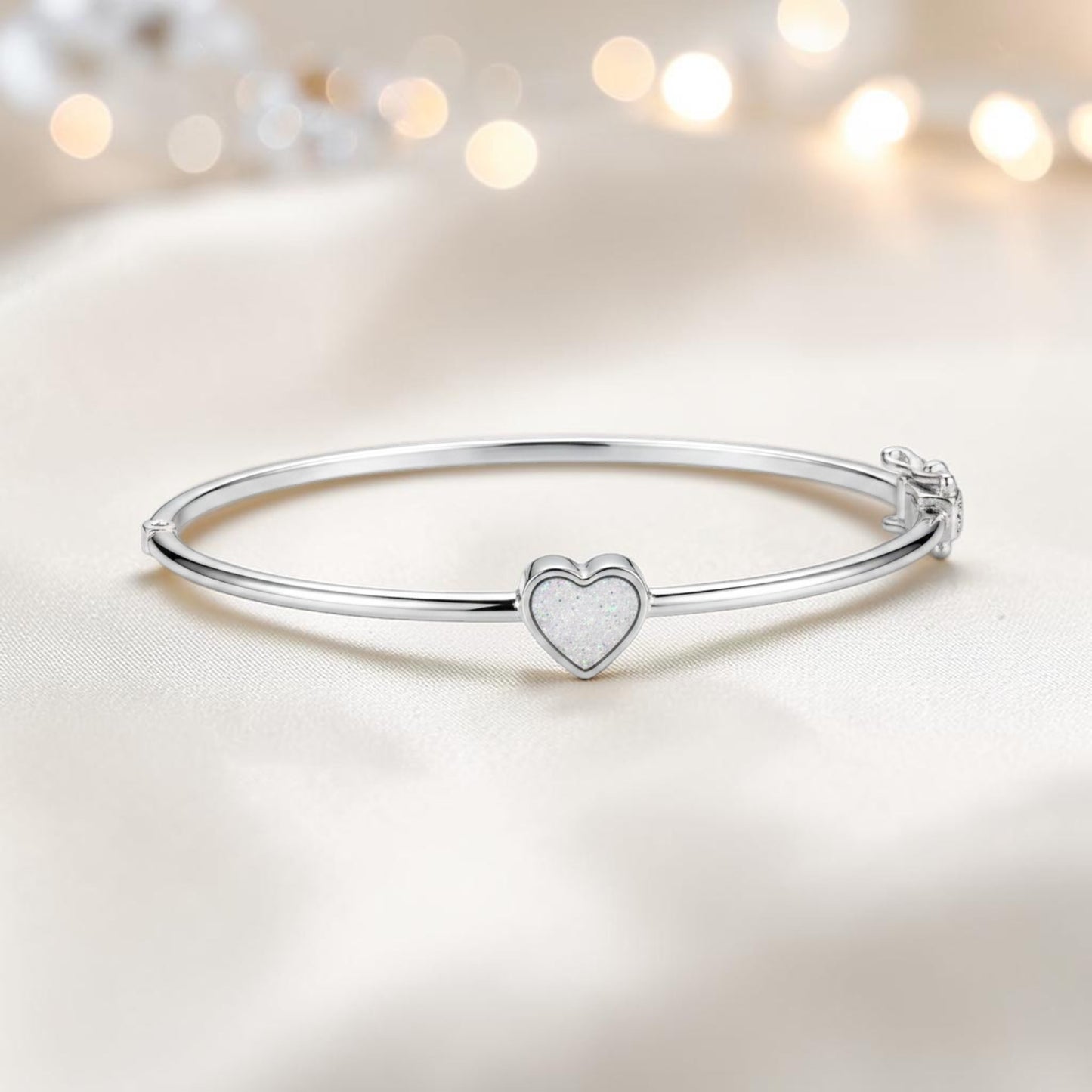 Cassia Heart Bangle — silver heart ashes memorial bangle with grey rainbow opal, handcrafted in Lancashire, UK - by Keepsake Memorial Jewellery