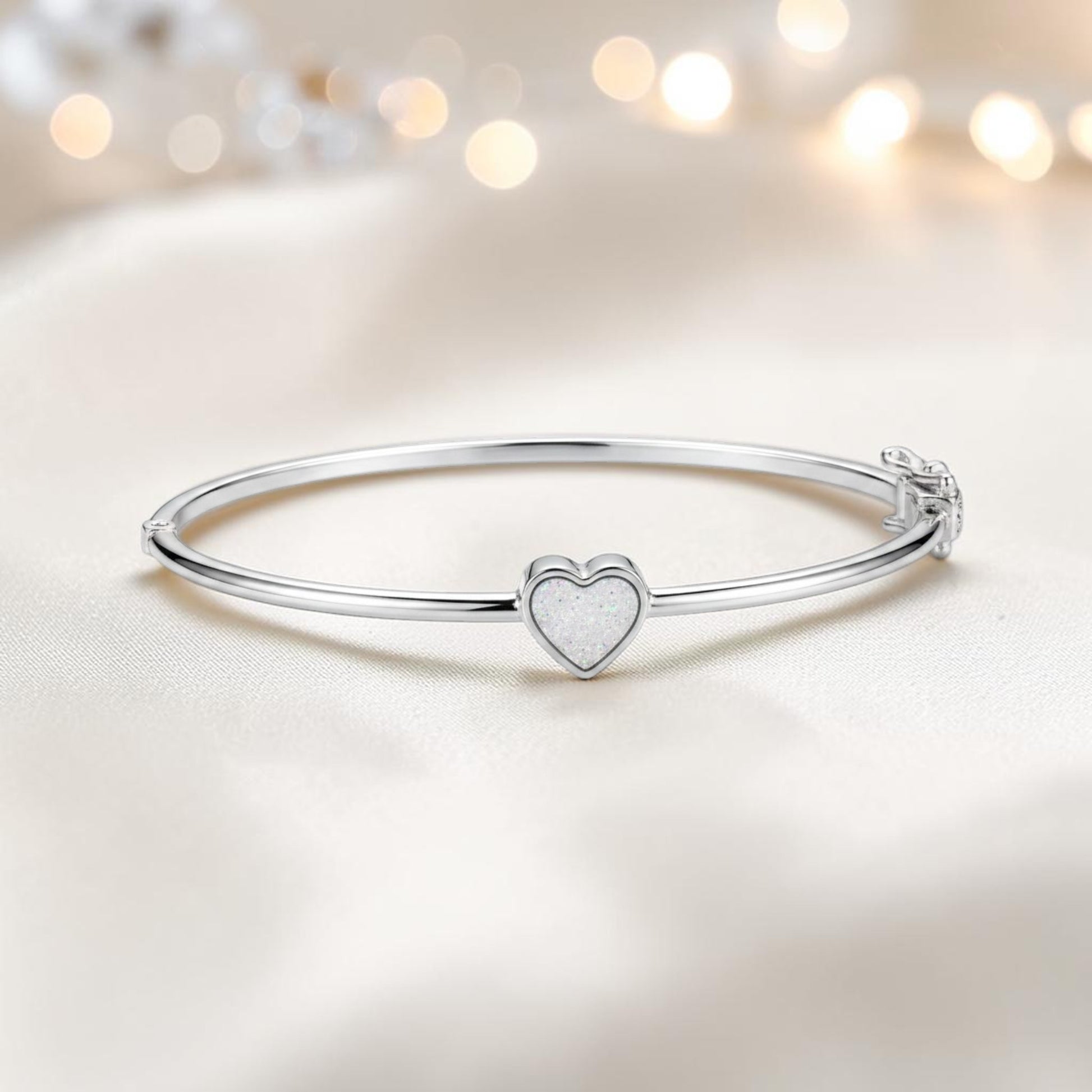 Cassia Heart Bangle — silver heart ashes memorial bangle with grey rainbow opal, handcrafted in Lancashire, UK - by Keepsake Memorial Jewellery