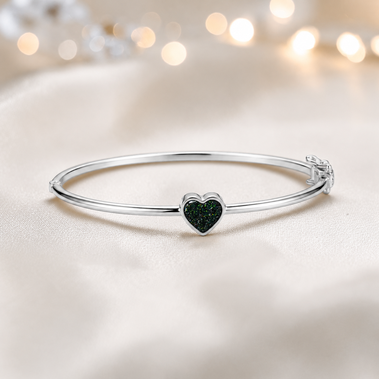 Cassia Heart Bangle — silver heart ashes memorial bangle in black flame, handcrafted in Lancashire, UK - by Keepsake Memorial Jewellery