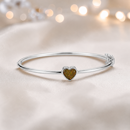 Cassia Heart Bangle — silver heart ashes memorial bangle in gold olive, handcrafted in Lancashire, UK - by Keepsake Memorial Jewellery