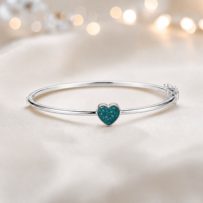 Cassia Heart Bangle — silver heart ashes memorial bangle in teal mist, handcrafted in Lancashire, UK - by Keepsake Memorial Jewellery
