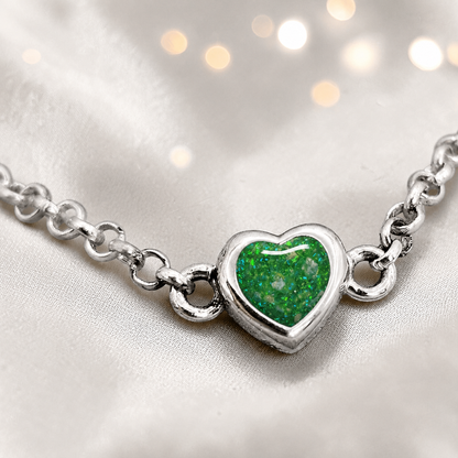 Cassia heart memorial bracelet in fruit green, handcrafted in Lancashire UK - by Keepsake Memorial Jewellery